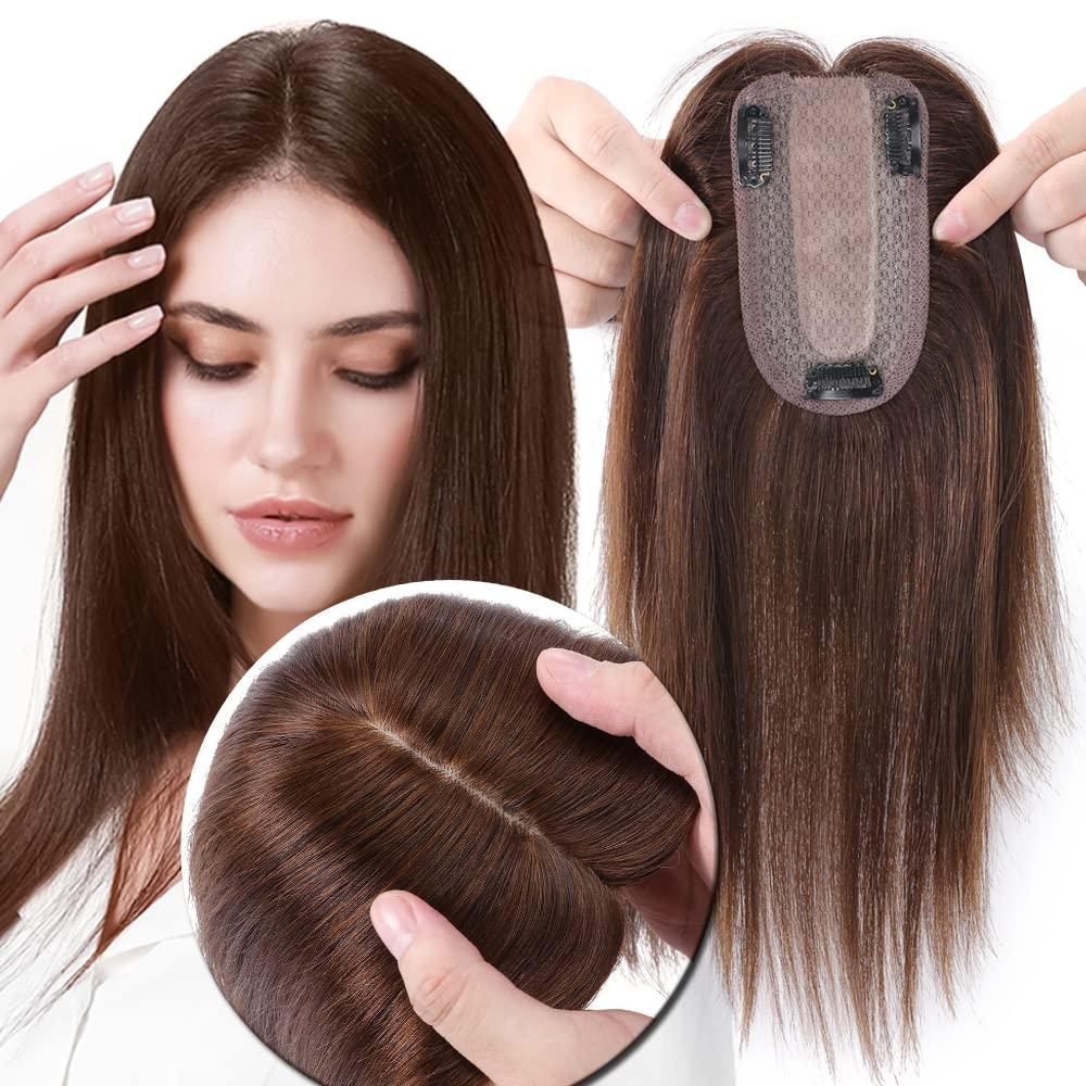 MY-LADY MY-LADY Human Hair Toppers for Women Real Human Hair for Thinning Hair 7 * 13CM Silk Base Hairpieces No Bangs 150% Density Clip in Remy Hair Pieces 10 Inch #04 Medium Brown