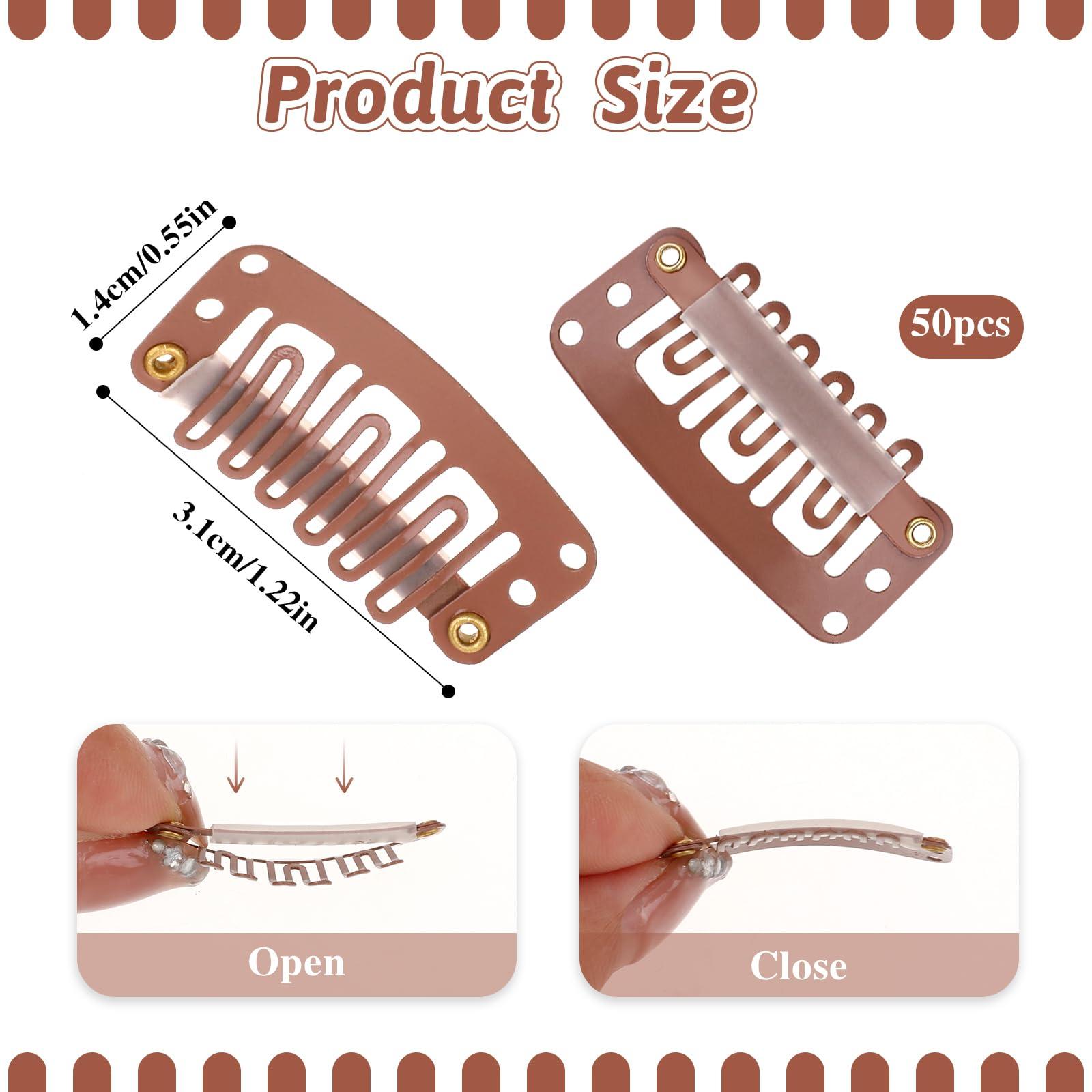 Mozeat Lens 50Pcs Snap Clips for Hair Extensions Wig Clips to Secure Wig No Sew 6 Teeth U Shape Metal Silicon Brown Wigs Hair Extension Clips for Women Hairpiece, Wig Clips Extension Clips to Secure Wig