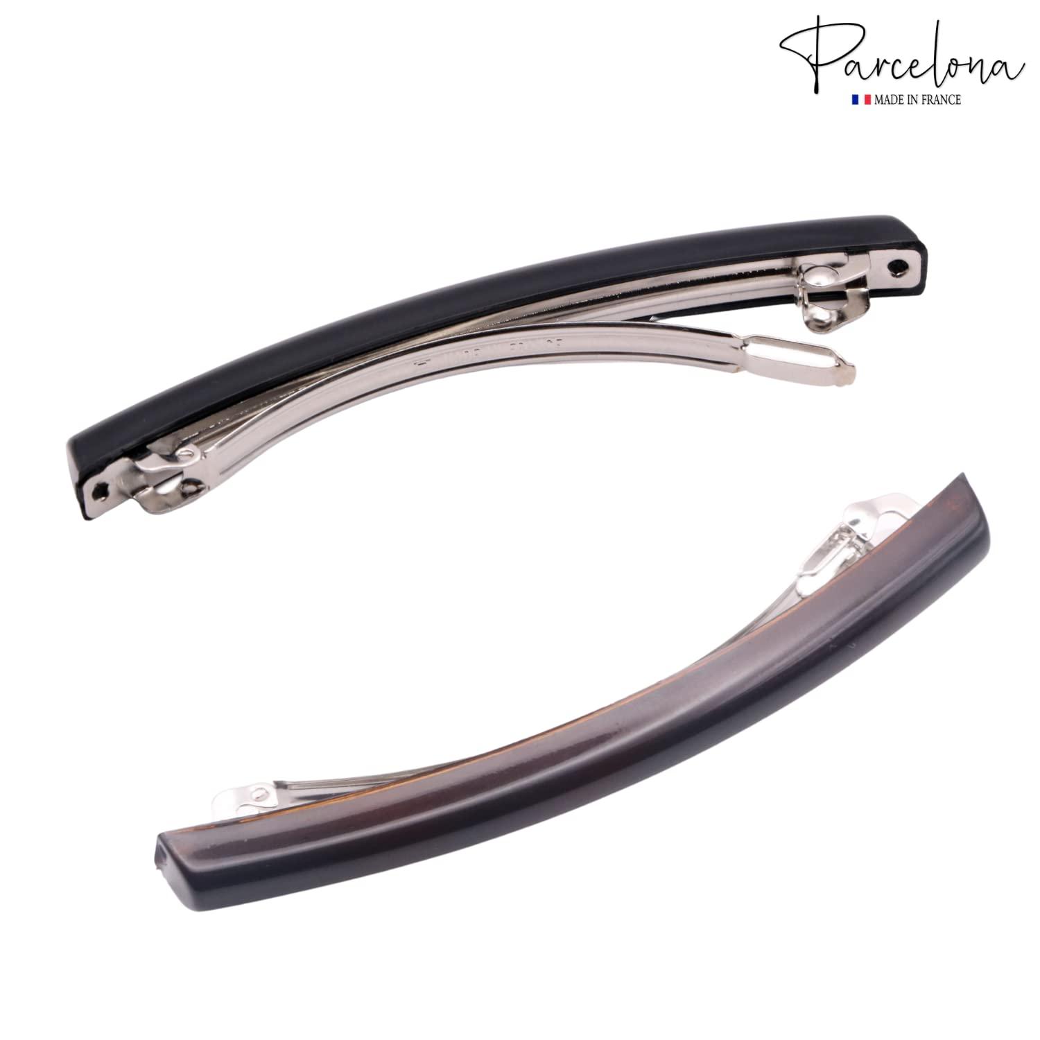 Parcelona Parcelona French Long Narrow Large Celluloid Set of 2 Acetate No Slip Automatic Hair Clips Strong Hold Hair Barrette for Women and Girls, Made in France (Tortoise Shell-Black)