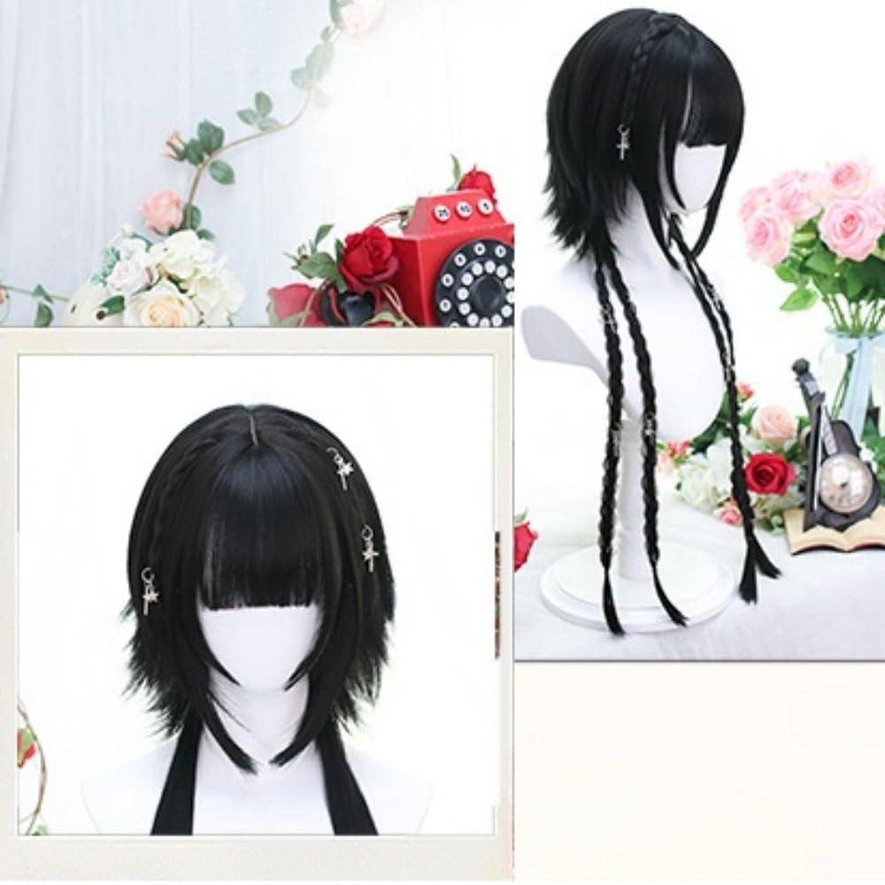 SCORRO Hime Cut Long Straight Black Layered Hair Lolita Bob Wig Hair with Bangs, Pre-styled Jellyfish Braided Hair Wig for Women Girls, Party Wig Halloween Daily Wigs (braided Styling,natural Black)