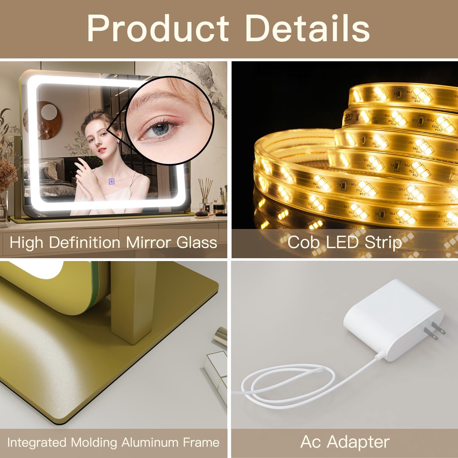 FENNIO FENNIO Gold Vanity Mirror with Lights 22\"x19\", LED Lighted Makeup Mirror, Large Makeup Mirror, Make up Mirror with Lighting,Touch Screen with 3-Color Lighting,Dimmable,for Vanity Desk Tabletop