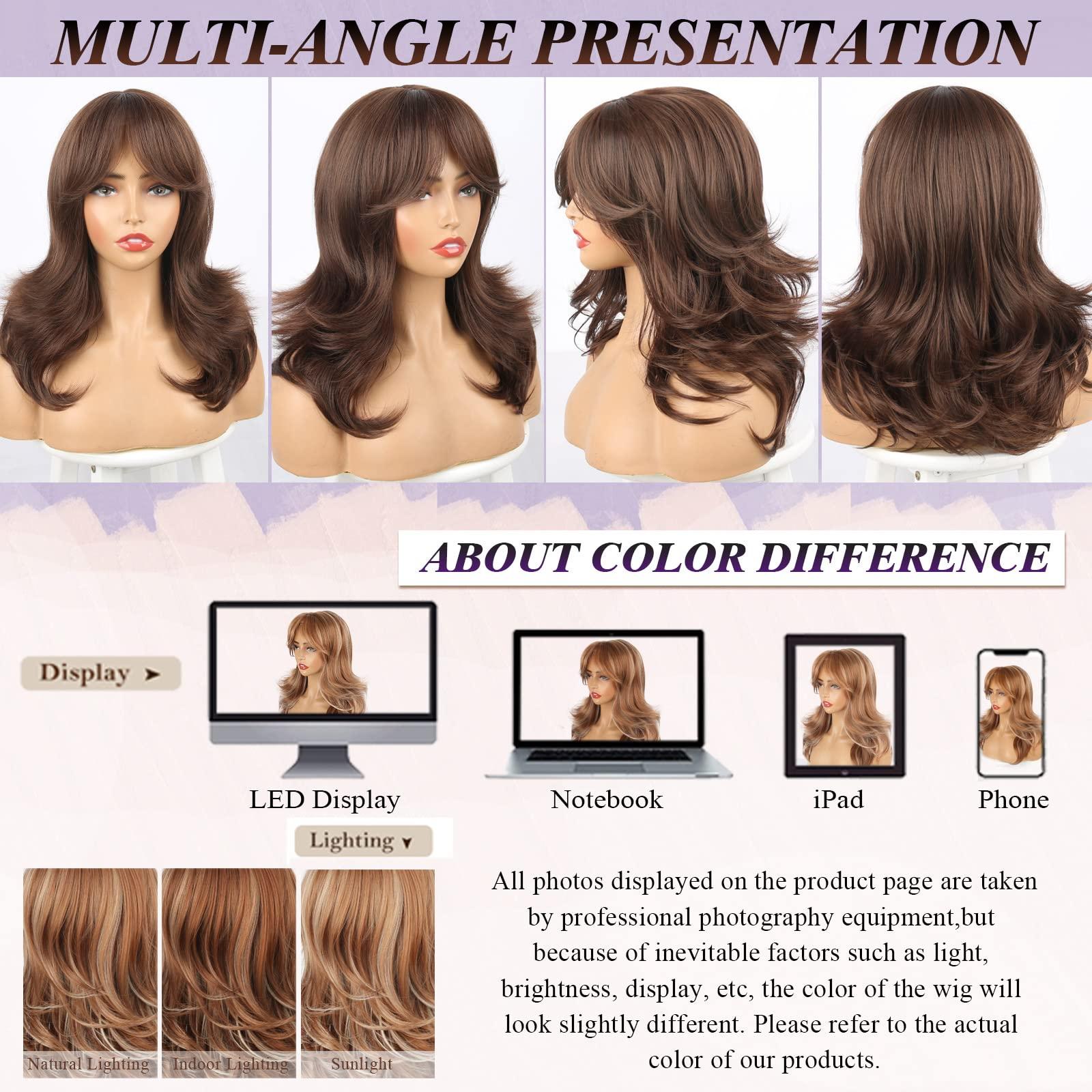 LEOSA LEOSA Dark Brown Wig with Curtain Bangs Layered Wig for Women Brown Hair Wig Shoulder-Length Wavy Wig Long Dark Brown Synthetic Wigs with Bangs for White Women Medium Brown Wig for Daily Party Use