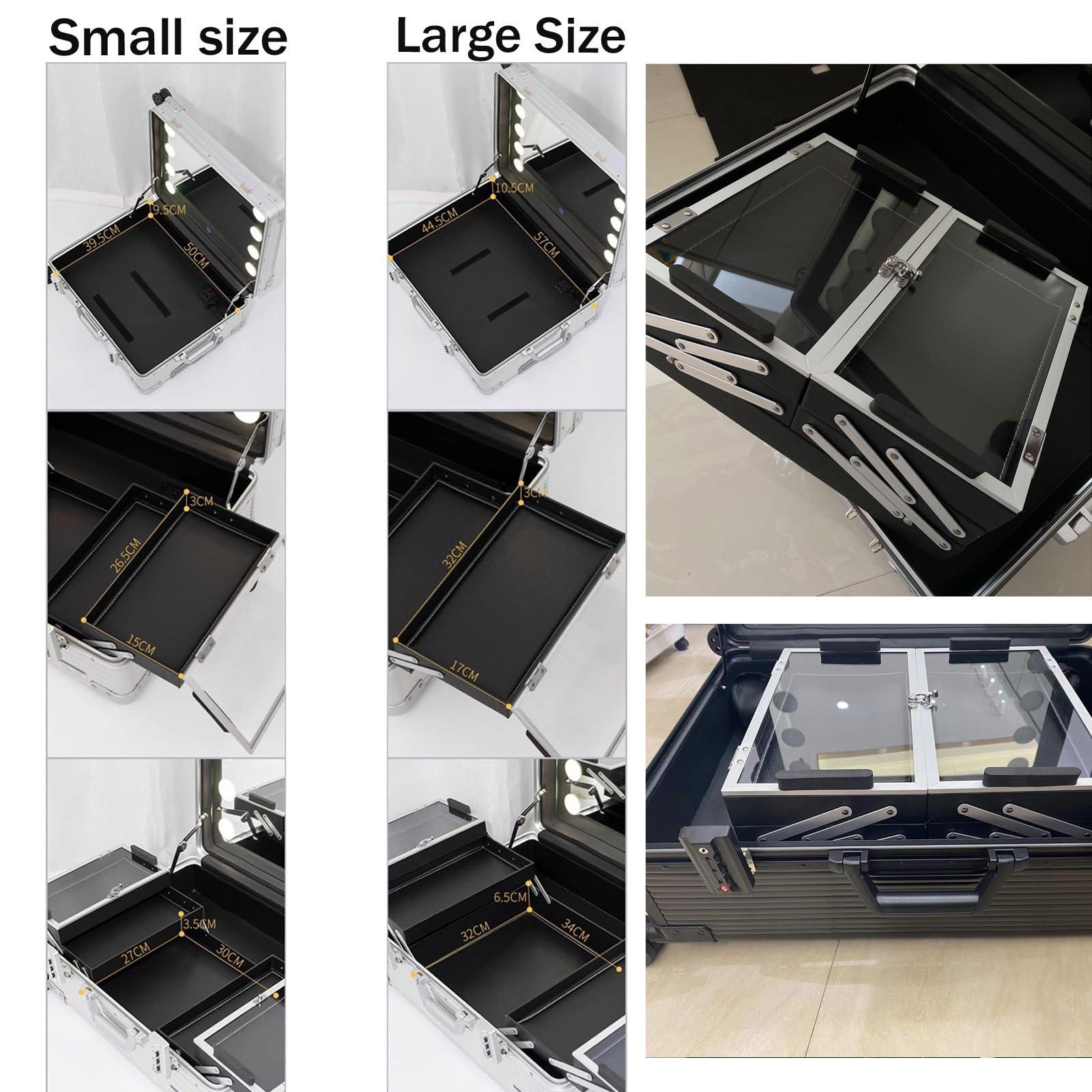 HJXGQJM Large Makeup Train Case With Mirror And Lights, Professional Artist Cosmetic Travel Organizer Box Aluminum Makeup Case Salon Station With Stand Rolling Lighted Makeup Vanity Station (Silvery) ( Color