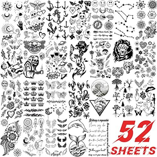 EGMBGM EGMBGM 52 Sheets Tiny Small Temporary Tattoos For Kids Boys Girls, Tribal Animals Butterfly Anchor Compass Tattoo Stickers For Men Women, 3D Cute Flower Fake Face Tatoo Kits Sets For Neck Arm Hands