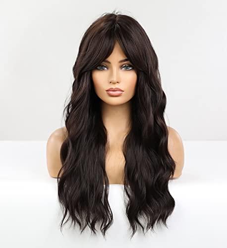 LANOVA LANOVA Dark Brown Wig with Side Bangs Synthetic Wigs for Women Chocolate Brown Long Curly Wig with Bangs 22 inch LANOVA-209