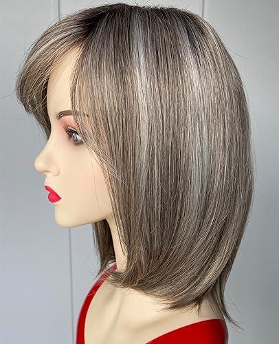 RENERSHOW RENERSHOW Short Ombre Grey Wigs for Women Layered Chin length Gray Bob Wig Mid-length Straight Hair Wig Natural Looking Synthetic Wig