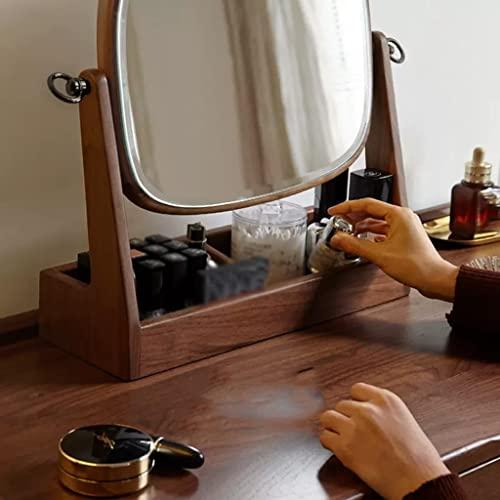 HIHELO HIHELO Makeup Mirror Wooden Makeup Mirror Storage Box One Bedroom Dressing Table Mirror Rotatable Beauty Mirror Vanity Mirror with Lights