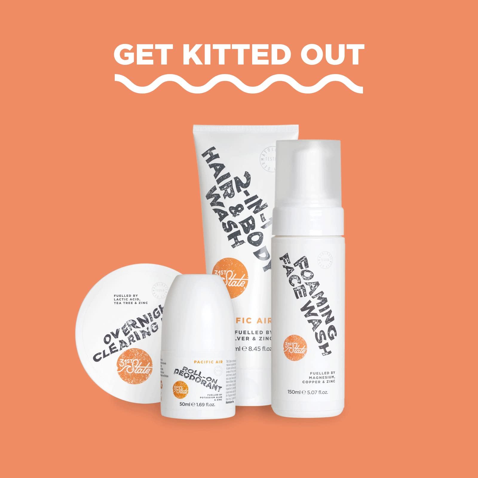 31st State 31st State Skincare Grooming Gift Set - Core Four Foaming Face Wash (150ml), 2-IN-1 Hair & Body Wash (150ml), Overnight Clearing Pads (50 Pads) & Aluminum Free Roll-On Deodorant (50ml), White