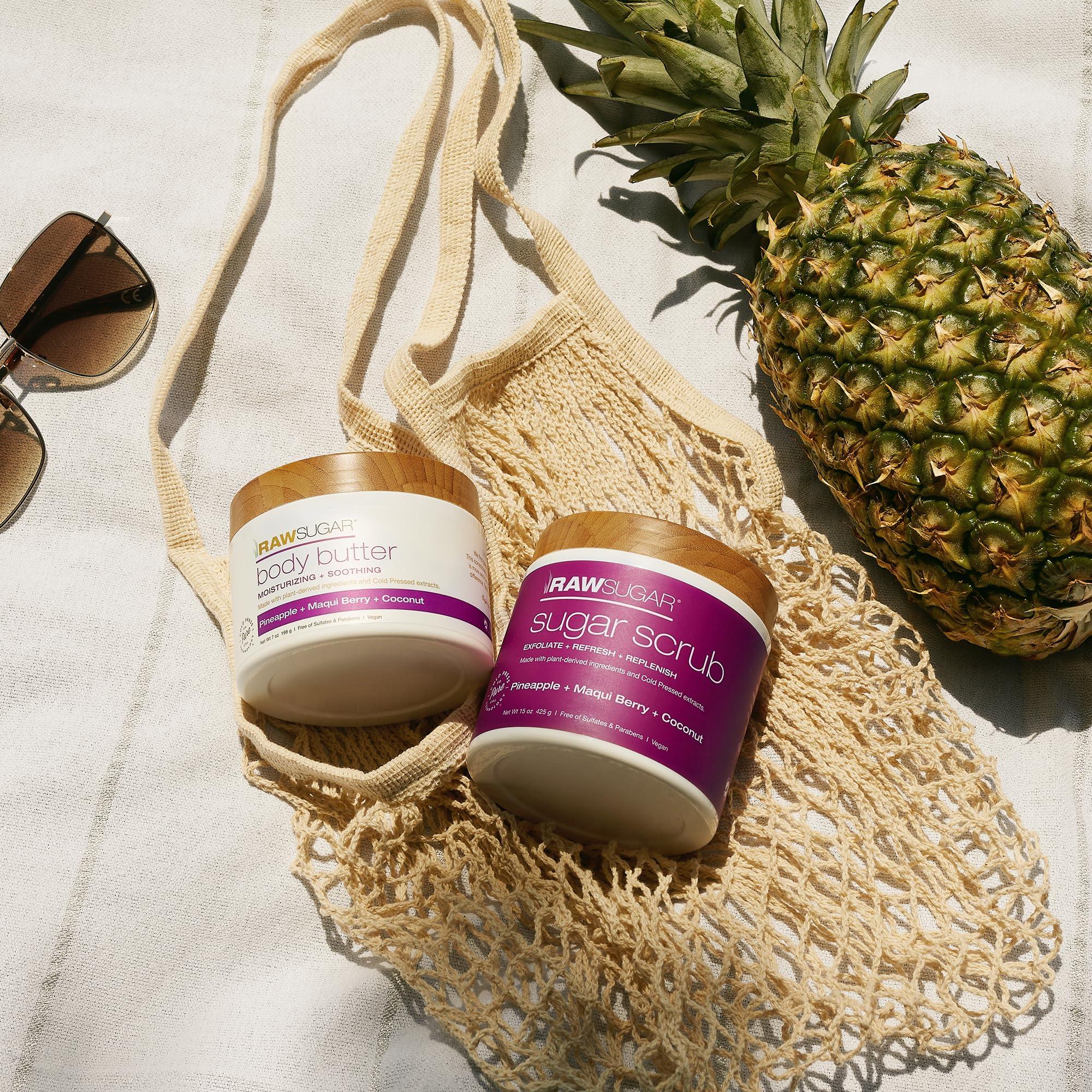 RAW SUGAR Raw Sugar Pineapple + Coconut + Maqui Berry Body Scrub and Body Butter, Body Skin Care Bundle, Body Ritual Home + Travel Pineapple, Clean Ingredients, Formulated without Sulates and Parabens