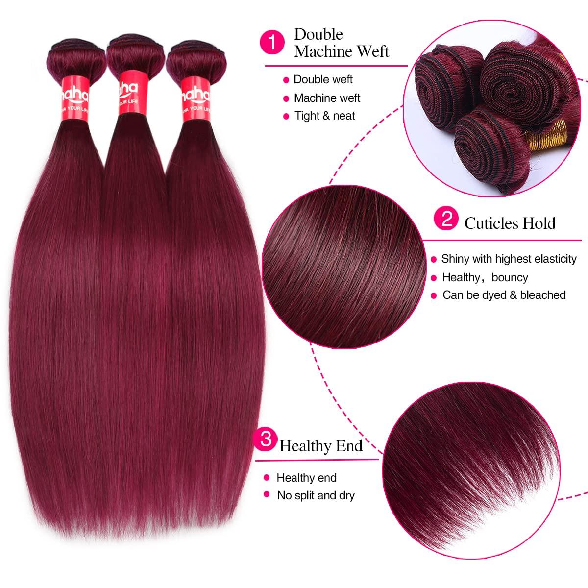 haha Haha 99J Burgundy Straight Bundles with Closure Human Hair Wine Red Bundles With 4x4 Lace Closure Brazilian Virgin Hair Weave 3 Bundles Human Hair with Closure Colored 18 20 22 +16 Free Part
