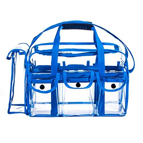Tense Edano Wide Opening Large Professional Clear PVC Travel Makeup Artist Set Bag Cosmetic Nails Beauty Bag Transparent Vinyl Tool Organizer Work Bag Beach Bag Diaper Bag with 6 External Pockets & Strap (Blue)