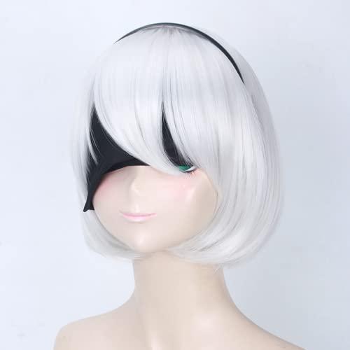 Bokerom Anime Game Cosplay Nier Automatas 2B 9S Wigs, White Short Hair With Wig Cap, for Halloween, Party, Carnival, Nightlife