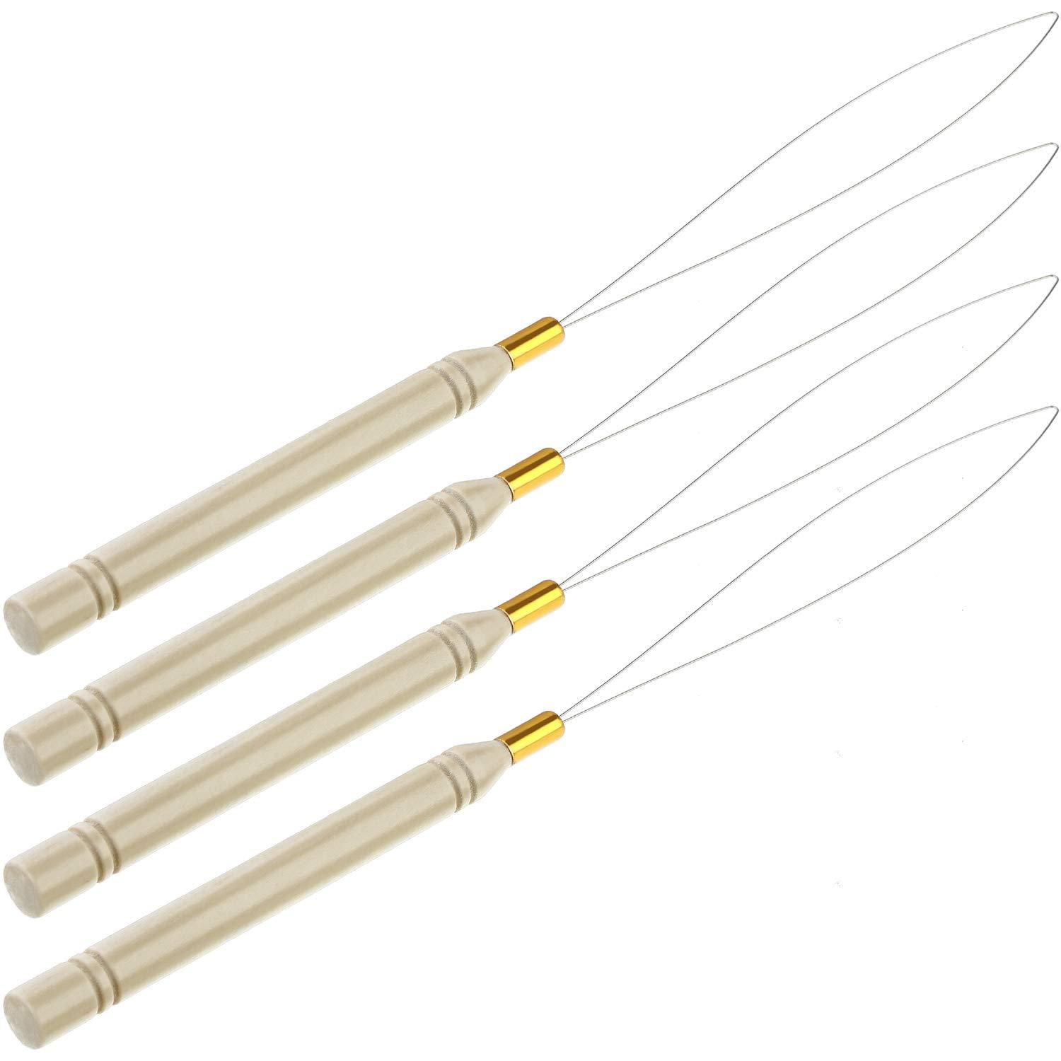 Chinco 10 Pack Wooden Hair Extension Loop Needle Threader Pulling Hook Tool and Bead Device Tool for Hair or Feather Extensions (Loop Tools)