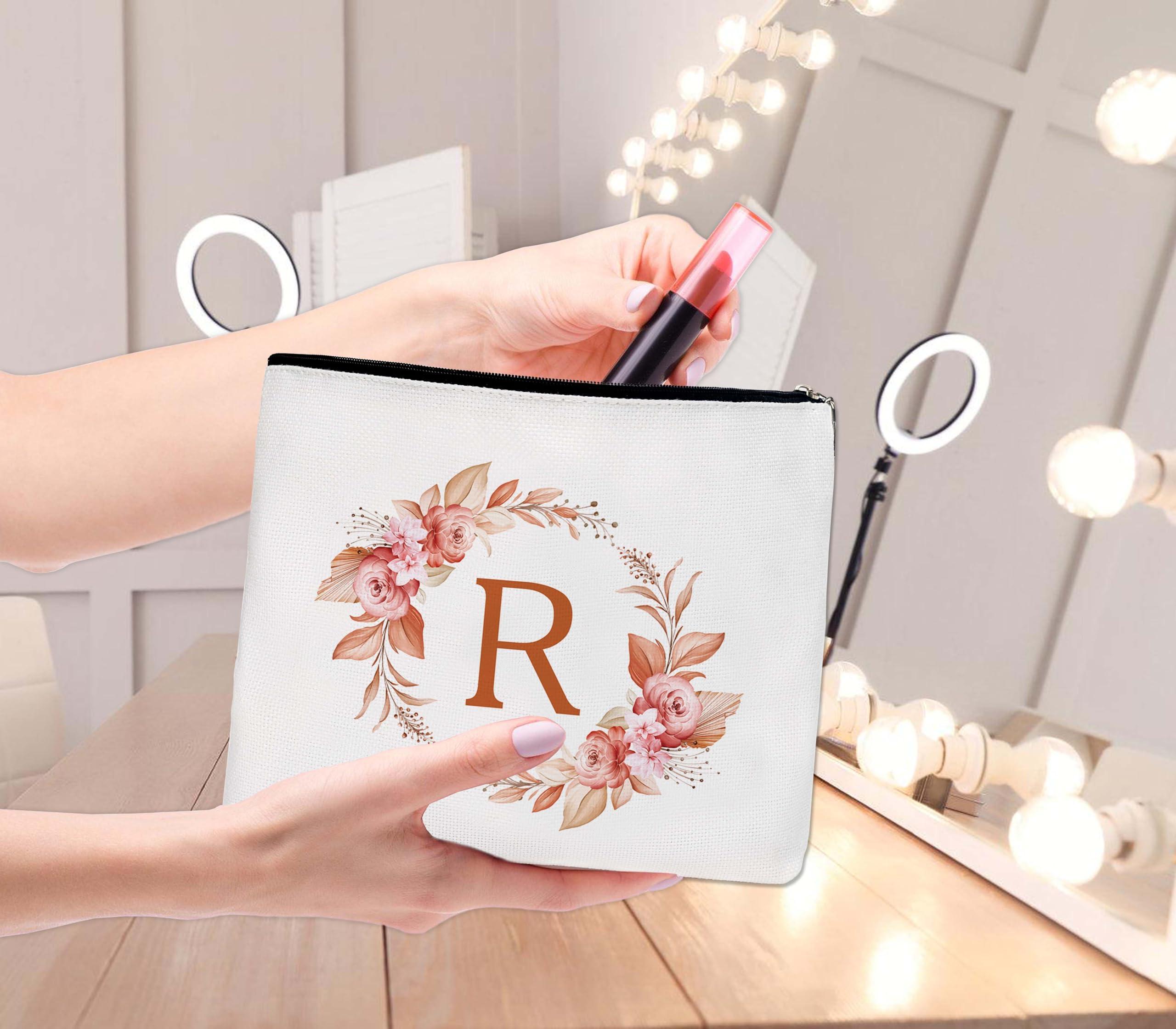 rorusio rorusio Initial Letter Canvas Cosmetic Bag,Travel Makeup Bag with Zipper and Makeup Mirror,Personalized Makeup Bag,Floral Makeup Pouch,Bridal Shower Gift Bags,Bridesmaid Gifts,Birthday Gifts-R