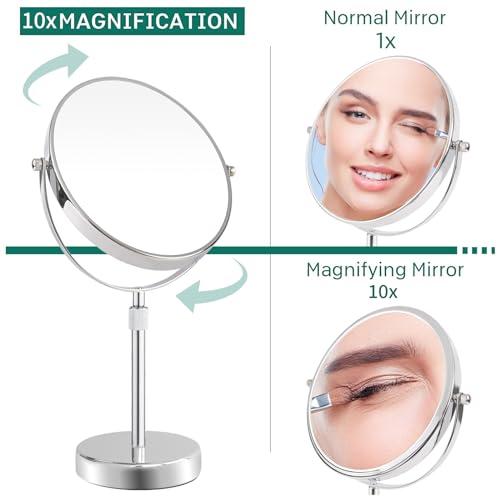 Nicesail Nicesail 19 Inch Tall Makeup Mirror with 10X Magnification, Make up Mirror 8 Inch Double-Sided, Table Mirror with Pedestal for Shaving, Standing Mirror Height Adjustable Chrome Finish (8 Inch, 10X)