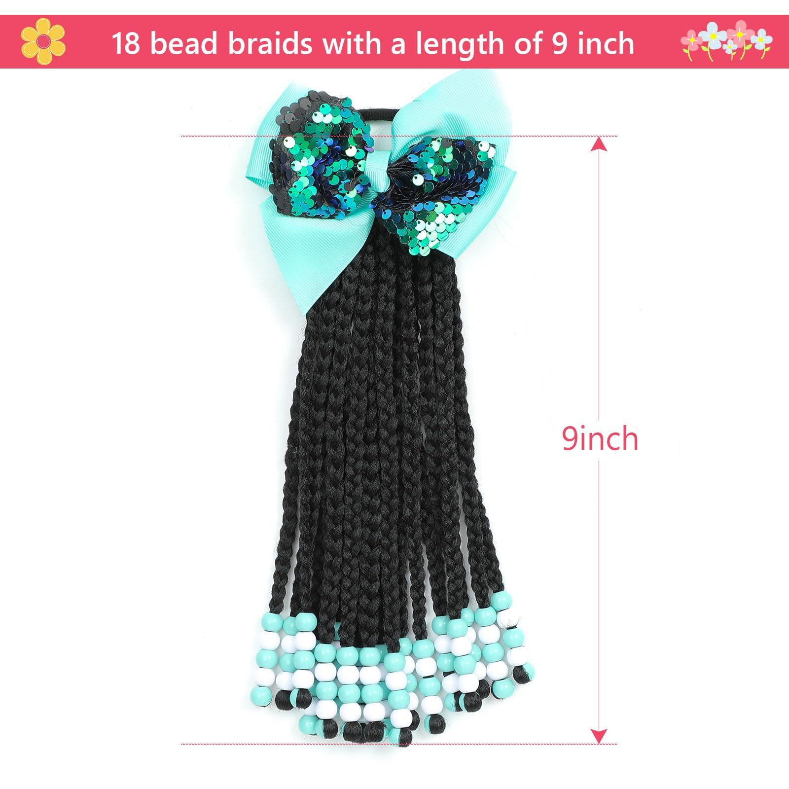 TIHQIEX TIHQIEX Kids Ponytail Extension With Beads Braids Kids Hair Extensions For Girls Braid Ponytail Extension Hair Beads For Kids Girls Kids Hair Accessories For Girls (Box-9inch, Green&White)