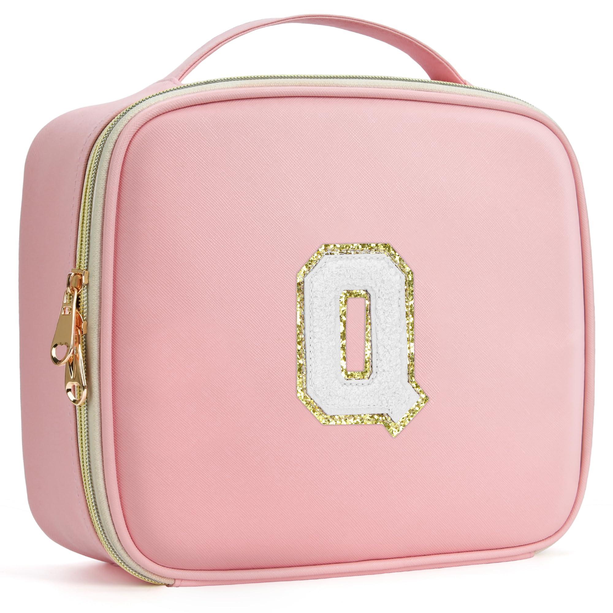 BAGNN Initials Travel Makeup Case Birthday Mothers Day Gifts for Women, Personalized Makeup Cosmetic Train Case Organizer with Adjustable Dividers, Makeup Organizer Bag for Make up Brushes, Pink, Q.