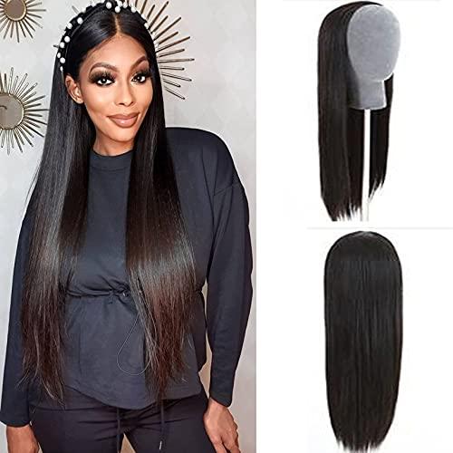RJ HAIR 14-30 Inch Half Wig With Clip in Hair Extensions Brazilian Remy Straight Hair 180 Full Density 3/4 Half Wig Human Hair Black Brown Color (28inch 130% Density, 1#(Jet Black))