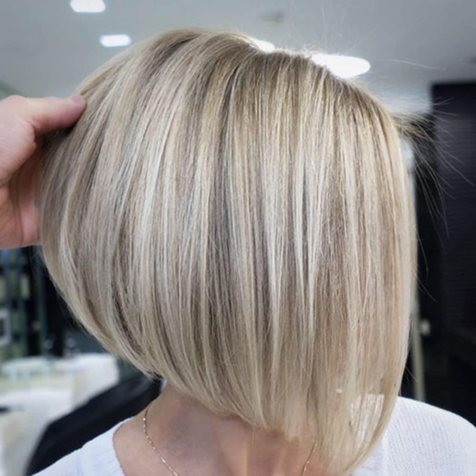 TISHINING TISHINING Layered Short Blonde Bob Wigs for White Women Chin Length Ash Blonde Side Part Pixie Bob Wig Straight Hair Synthetic Natural Looking Daily Party Wig Inverted Bob Wig