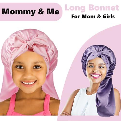 LBYLUS 2 Pcs Long Kids Bonnets for Girls,Silky Satin Bonnet for Sleeping Kids, Bonnet for Kids Braids,Long Hair