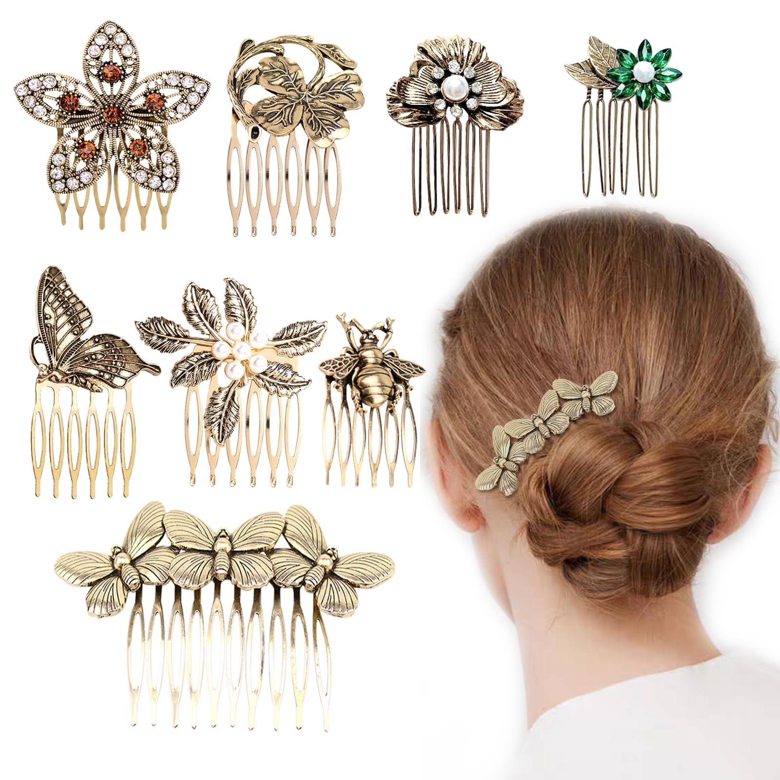INLAZTIM 8 Pack Vintage Hair Side Combs for Women Decorative, INLAZYTIM Retro Gold Pearl Rhinestone Metal Hair Comb Clips with Teeth Grip Crystal Bridal Hair Piece Pins for Wedding Accessories