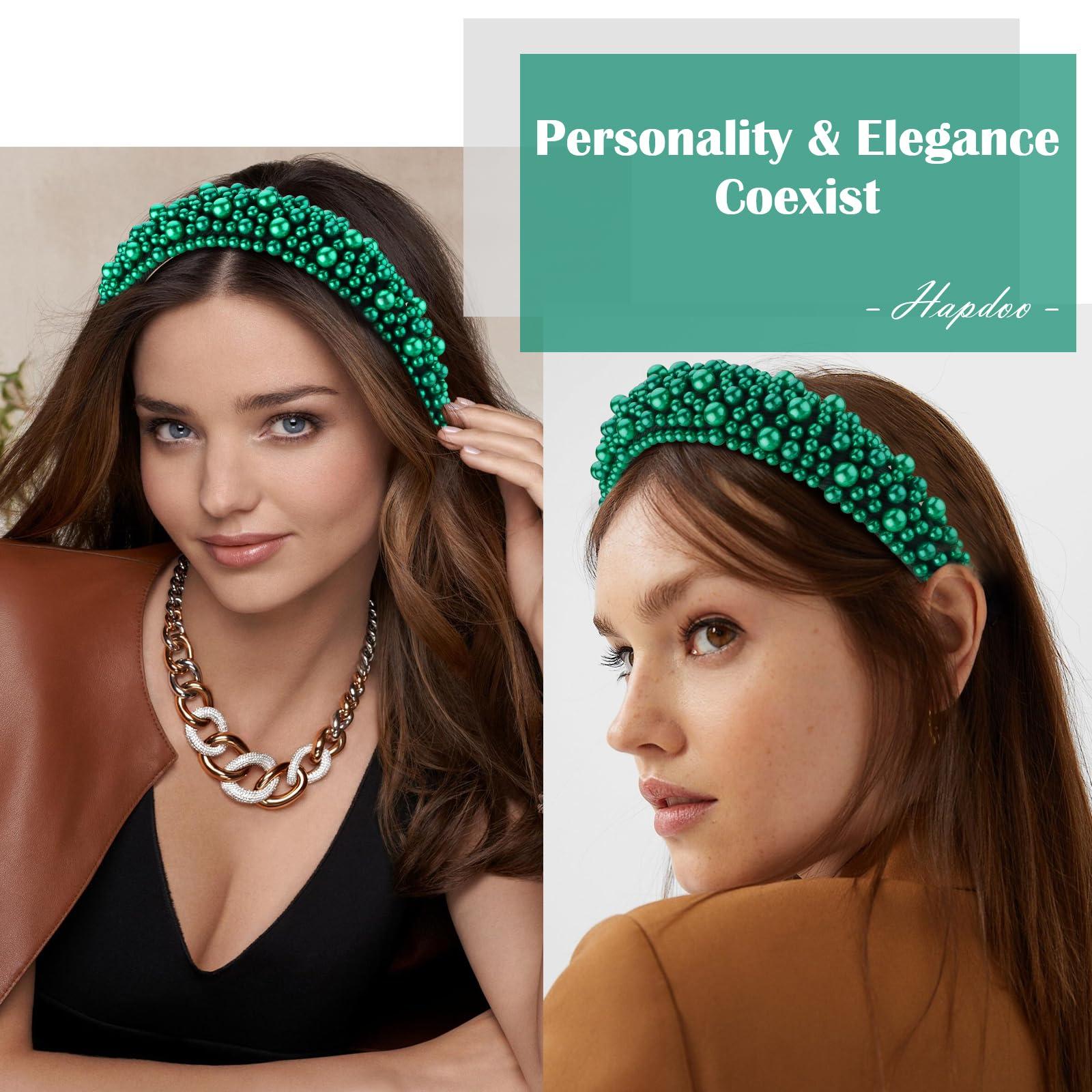 Hapdoo Hapdoo Dark Green Pearl Headbands for Women, Wide Padded Hair Hoop with Faux Pearl for Bridal, Bling Wedding Hairbands Hair Accessories for Women Girls
