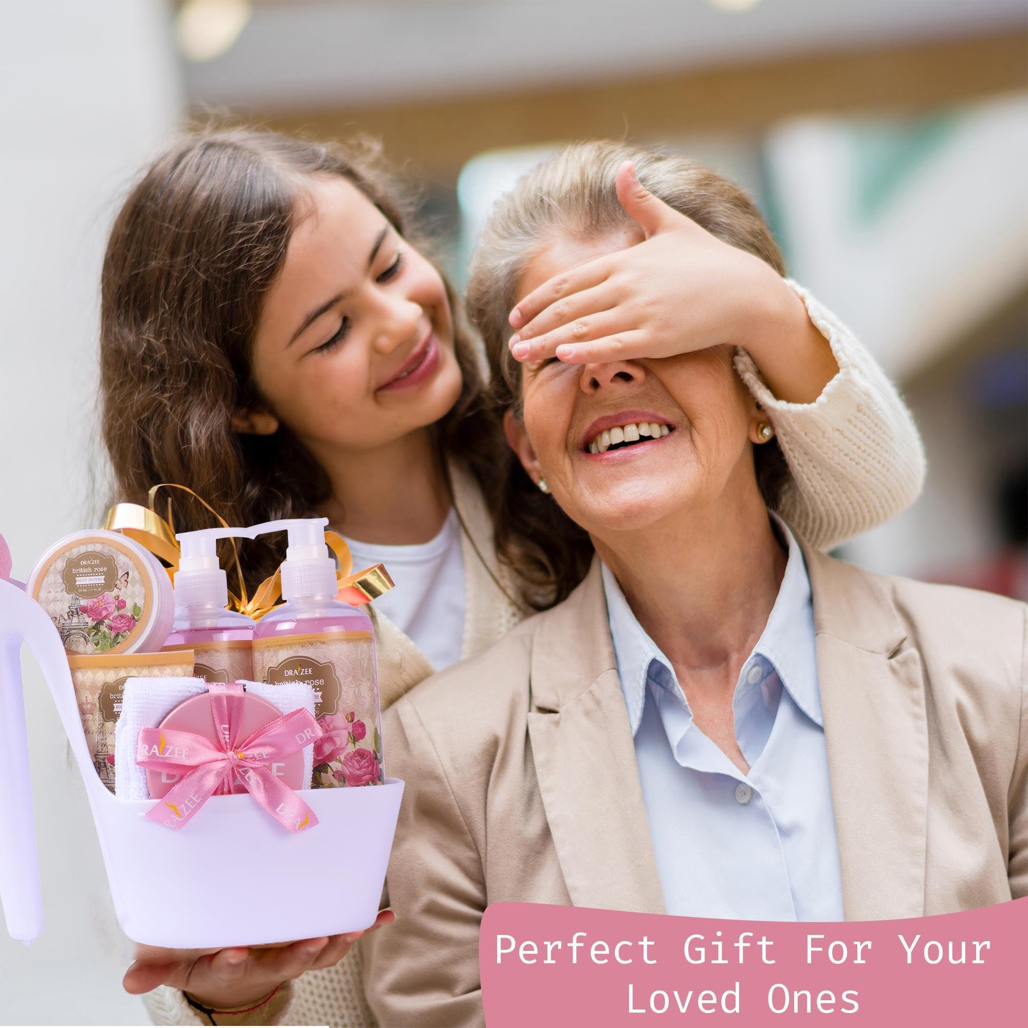 Draizee Spa Gift Basket For Women - Luxury British Rose Scented Bath and Body Set of 8-Pcs Heel Shoe Spa Basket with Body Lotion, Butter, Shower Gel, Bubble Bath & More - Gift for Her, Mom by Draizee