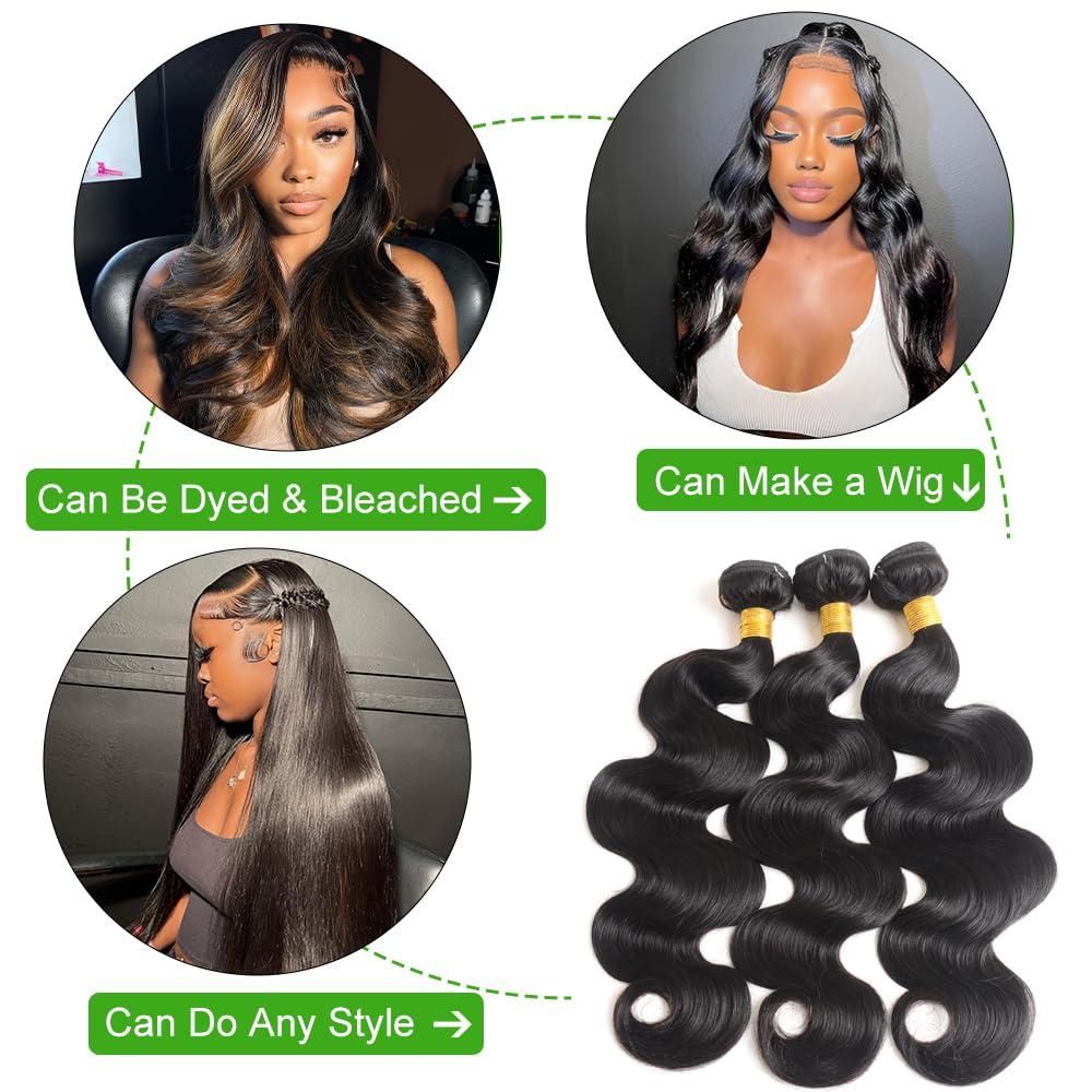 Lemeiily Lemeiily Human Hair Bundles 16 18 20 Inch Body Wave Bundles Human Hair 100% Unprocessed Brazilian Virgin Hair Quick Weave Bundles Human Hair 3 Bundles Deals Real Human Hair Extensions Natural Black