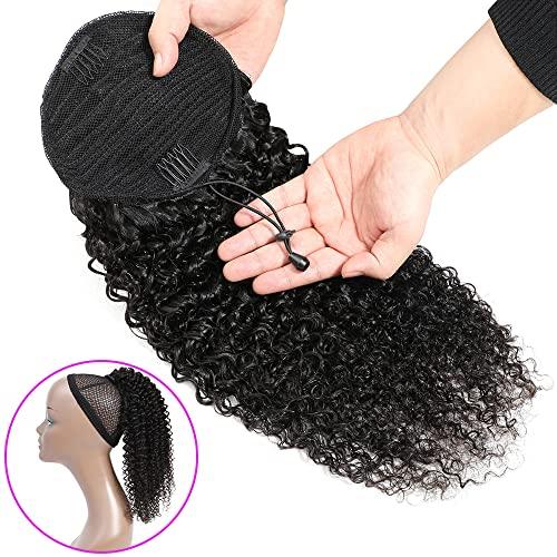 Adette Adette 14 Inches Curly Ponytails Human Hair Drawstring Ponytail Extension Afro Kinky Curly Clip in Pony Tail Hair Extensions Hair Pieces for Black Women Natural Black