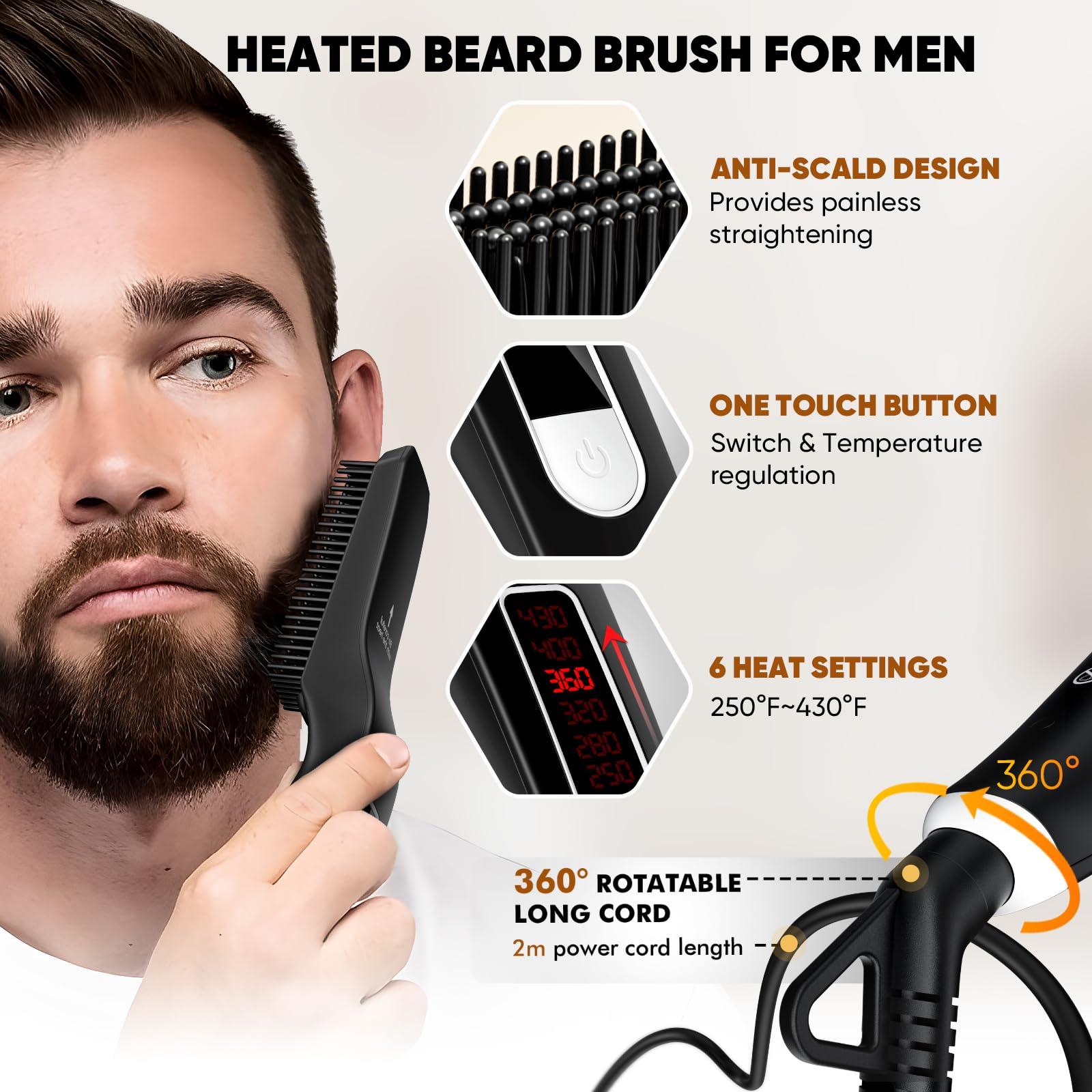 TUIREL TUIREL Beard Straightener for Men, 2 in 1 Heated Beard Brush, 6 Temperature Settings LCD Display Anti-scalding Hot Comb for Beard Care Kit for Men Gifts Set