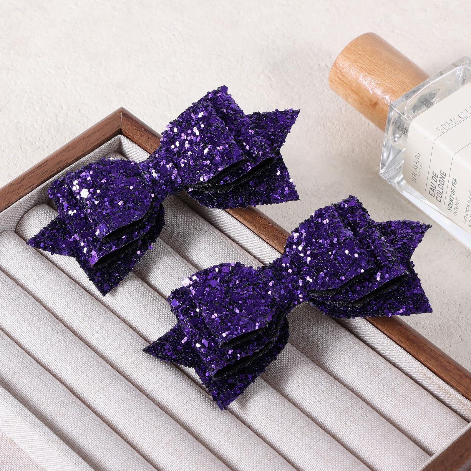 Miroksh 4\" Glitter Purple Hair Bow Clips Sparkling Sequin Alligator Barrettes Pins for Teens Toddler Cheerleader Girls Kids Halloween Costume Decor Accessory Back School Mardi Gras Gift