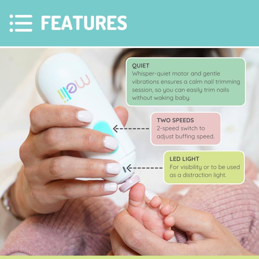melii melii Electric Nail File, Safe Trimmer & Clipper for Newborn Babies, Toddlers, Kids & Adults-Comes with Two Speeds and 5 Different Discs