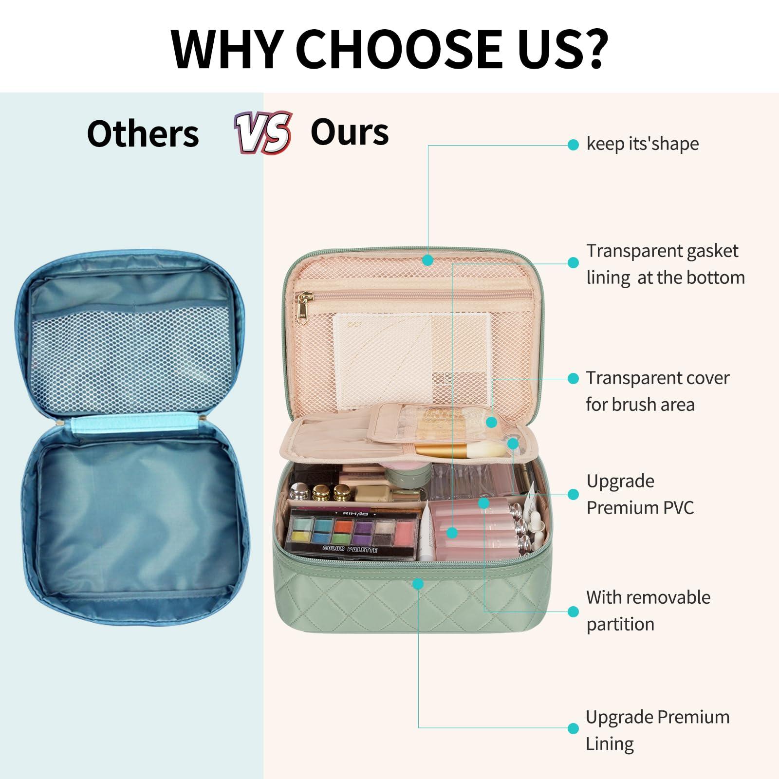 OCHEAL Makeup Bag, Potable Make up Bag Cute Makeup Organizer Bag for Toiletry Cosmetics Accessories with Divider and Brushes Compartments, Makeup Travel Case Cosmetic Bags Women and Girls- Nylon Green
