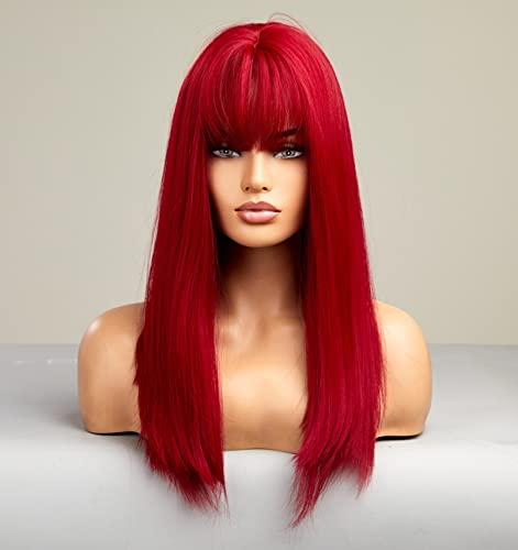 LANOVA LANOVA Red Wig with Bangs, Synthetic Red Wigs for Women, Natural Straight Cosplay Red Wig with Fringe, Bright Red Hair Wig 20 inch LANOVA-160