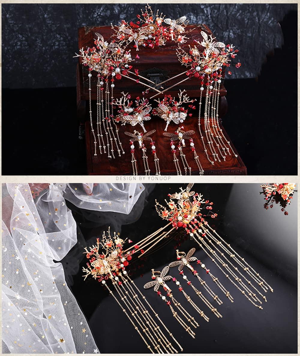 Getrelax Getrelax Chinese Wedding Bride Hair Accessory Chinese Crown Wedding Hair Accessories Red Flower Floral Beaded Flapper Headband Jeweled Bridal Wedding Tiara