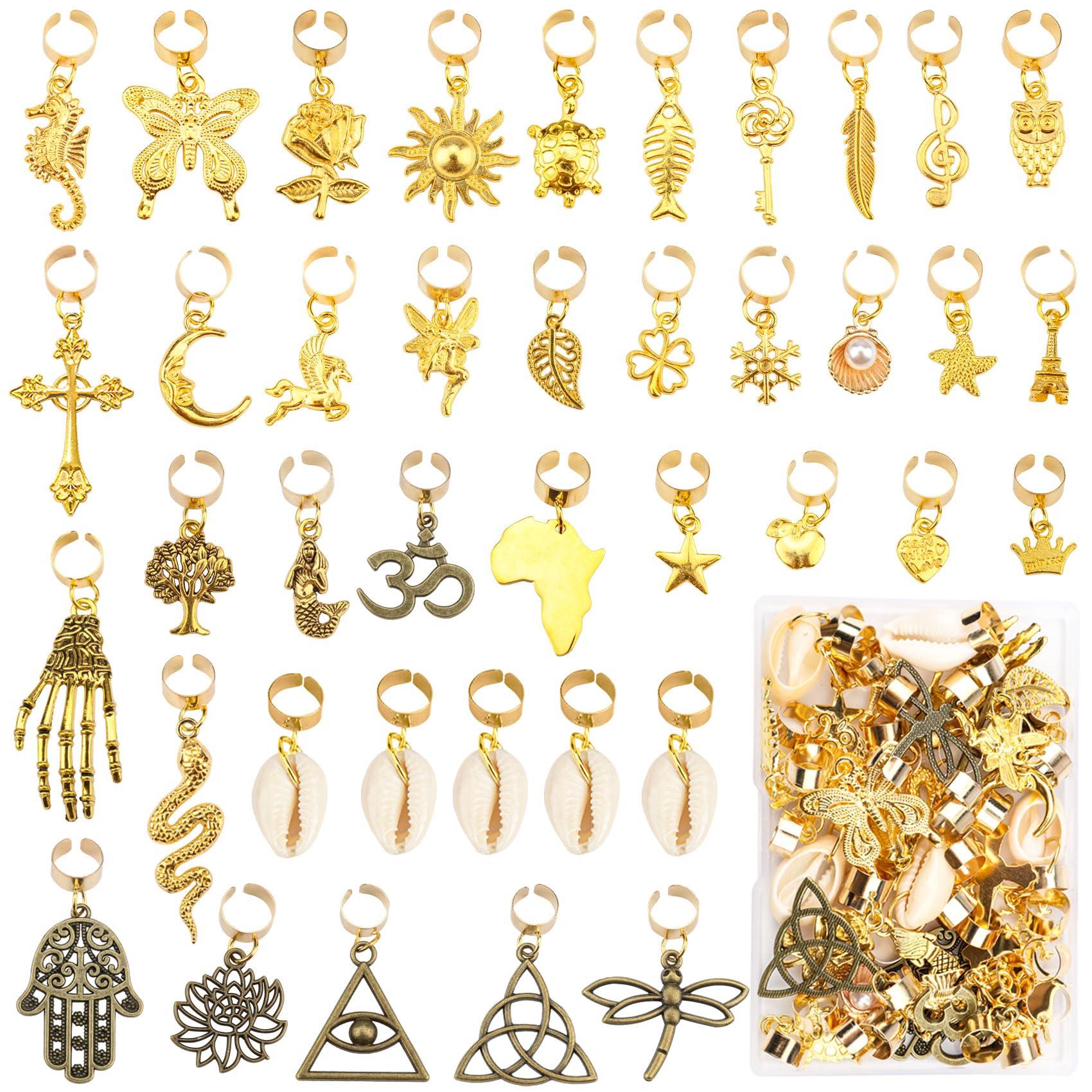 JALANCY 40 Pcs Locs Hair Jewelry Braids Hair Clips Adjustable Hair Cuffs African Style Dreadlocks Hair Beads Butterfly Shell DIY Hair Pendant Charms Hair Decoration for Locs Accessories (Gold and Bronze)