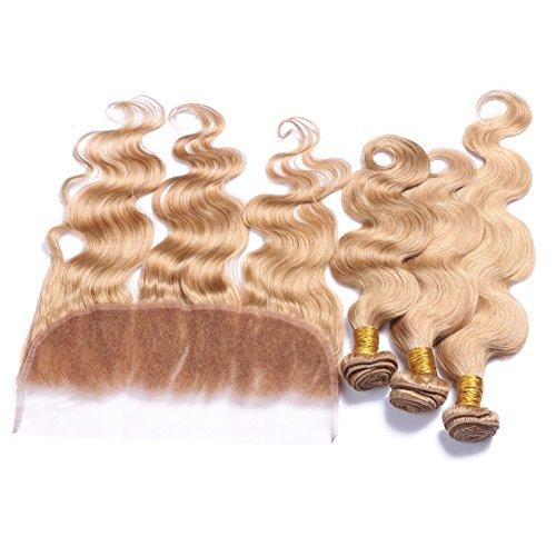 Tony beauty hair Tony Beauty Hair Honey Blonde Full Lace Frontal Closure With Bundles #27 28" 28" 30" 3 Bundles Malaysian Hair Bundles Body Wave And 24" Lace Front Closure Blonde