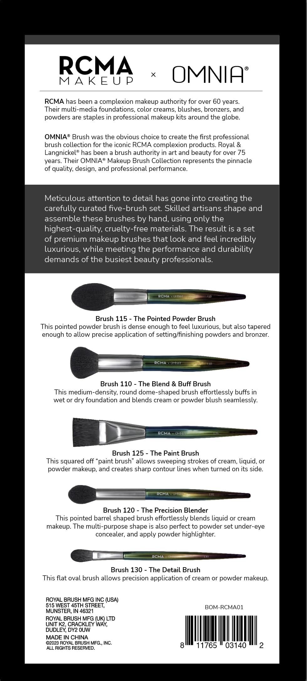 RCMA Makeup RCMA Makeup x Omnia Professional Brush Set 5pc | Premium | Synthetic Fibers | Iridescent Acrylic Handle | Face Powder, Complexion and Foundation Brushes