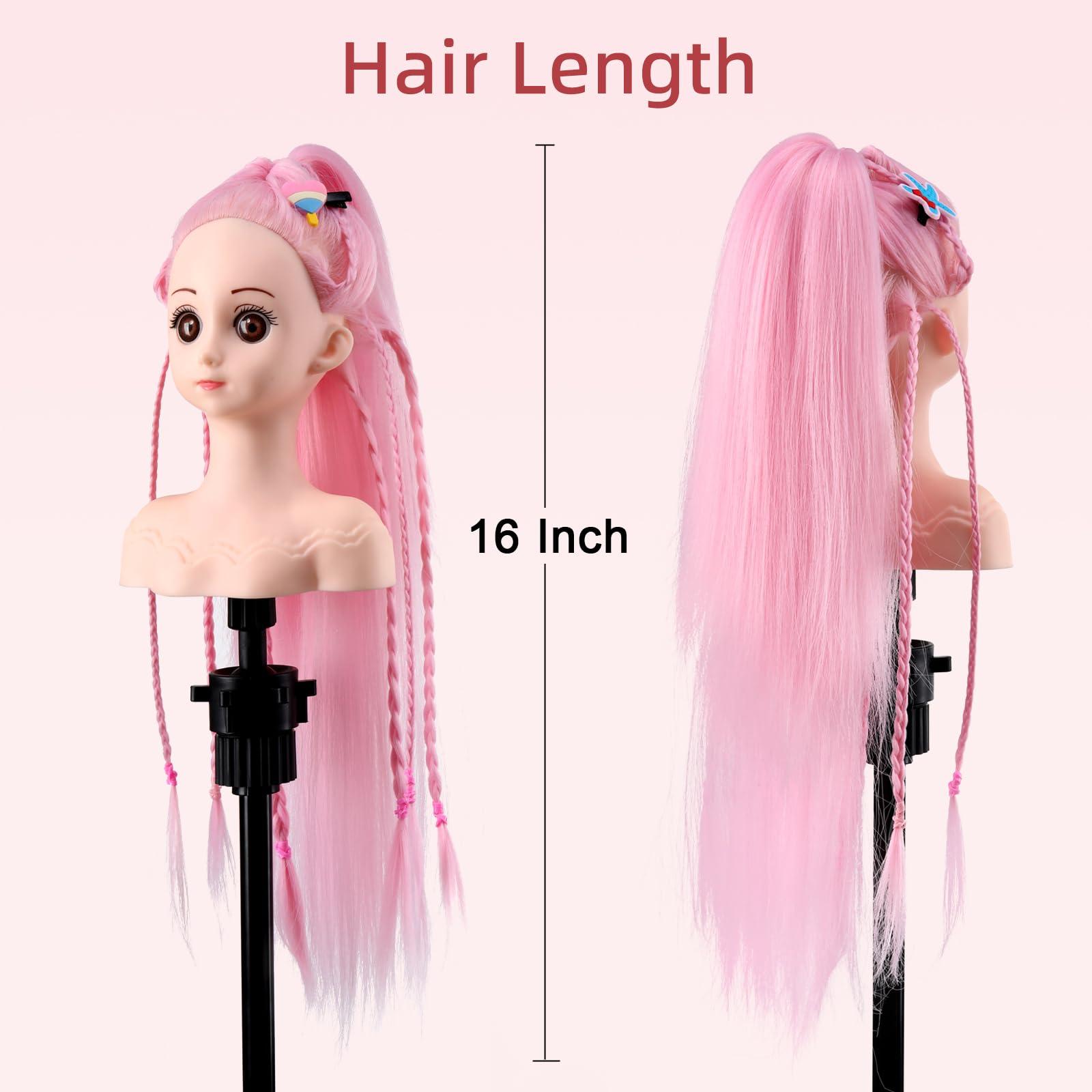 Anstar Anstar Hair Styling Doll Head for Girls Styling Head for Kids Mannequin Head with Pink Hair Doll Head for Hair Styling Braiding Cosmetology Manikin Head with Clamp Holder and Tools