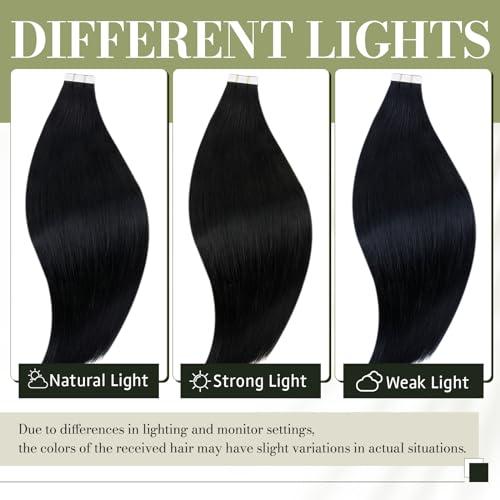 RUNATURE RUNATURE 26 Inch Tape ins Human Hair Extensions Jet Black Real Hair Tape in Extensions Human Hair Long Tape in Hair Extensions Full Ends Straight Glue in Hair Extensions Silky 50 Gram 20 Pieces