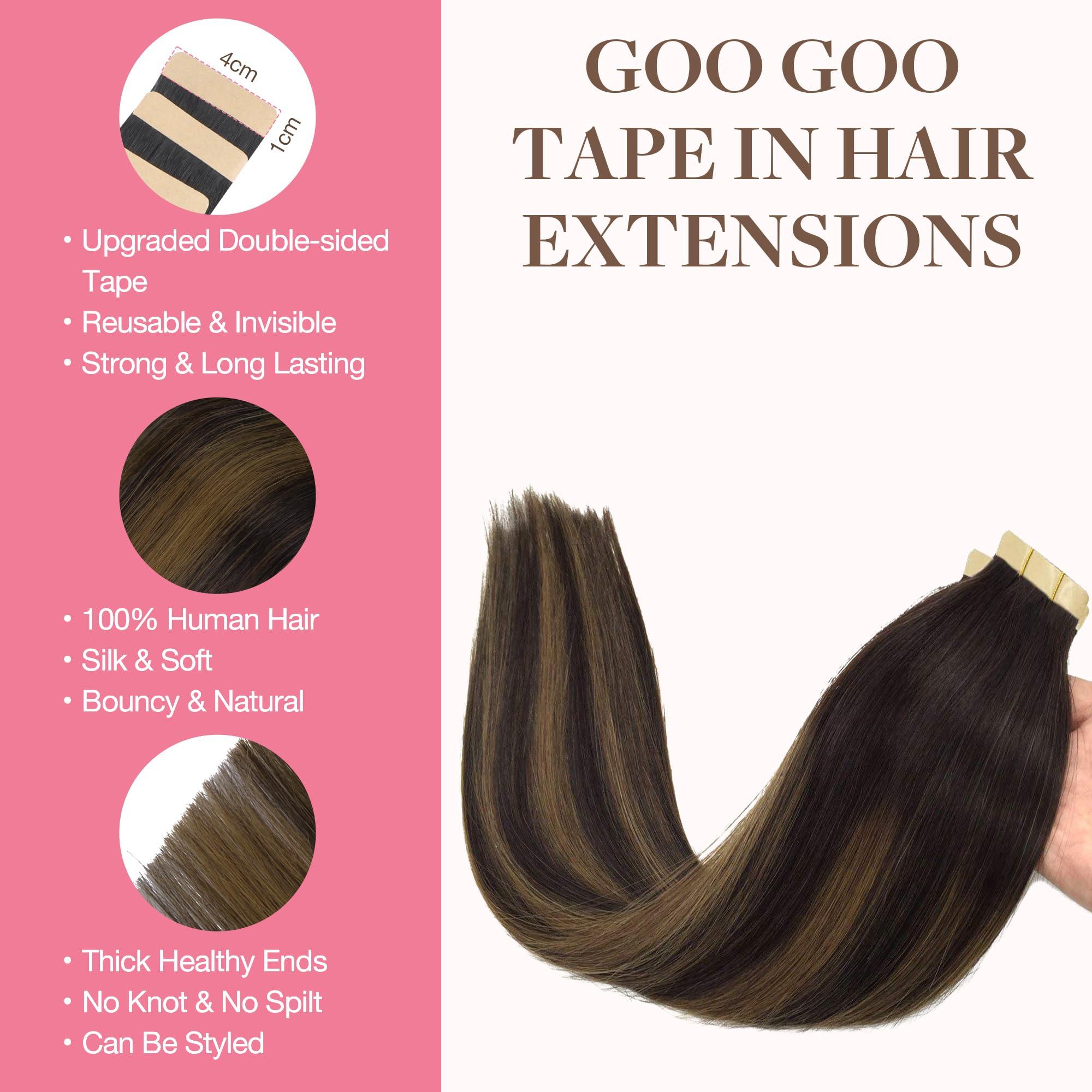 GOO GOO GOO GOO Tape in Hair Extensions Human Hair, 2/6/2 Balayage Dark Brown to Chestnut Brown, 12inch 40g 20pcs, Thick Ends Straight Seamless Tape in, Invisible Tape in Hair Extensions Human Hair