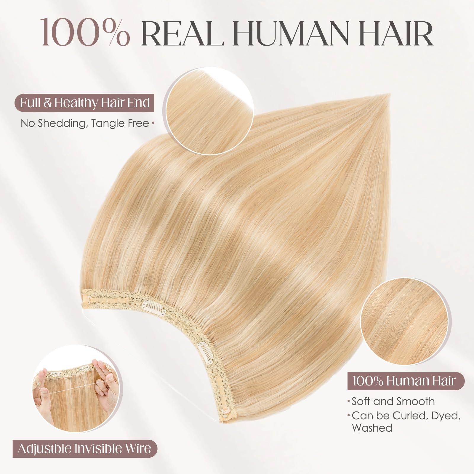 Elailite Elailite Halo Hair Extensions Real Human Hair for Women Ash Blonde & Bleach Blonde Clip in Remy Hairpiece with Adjustable Invisible Wire 18 Inch 65G