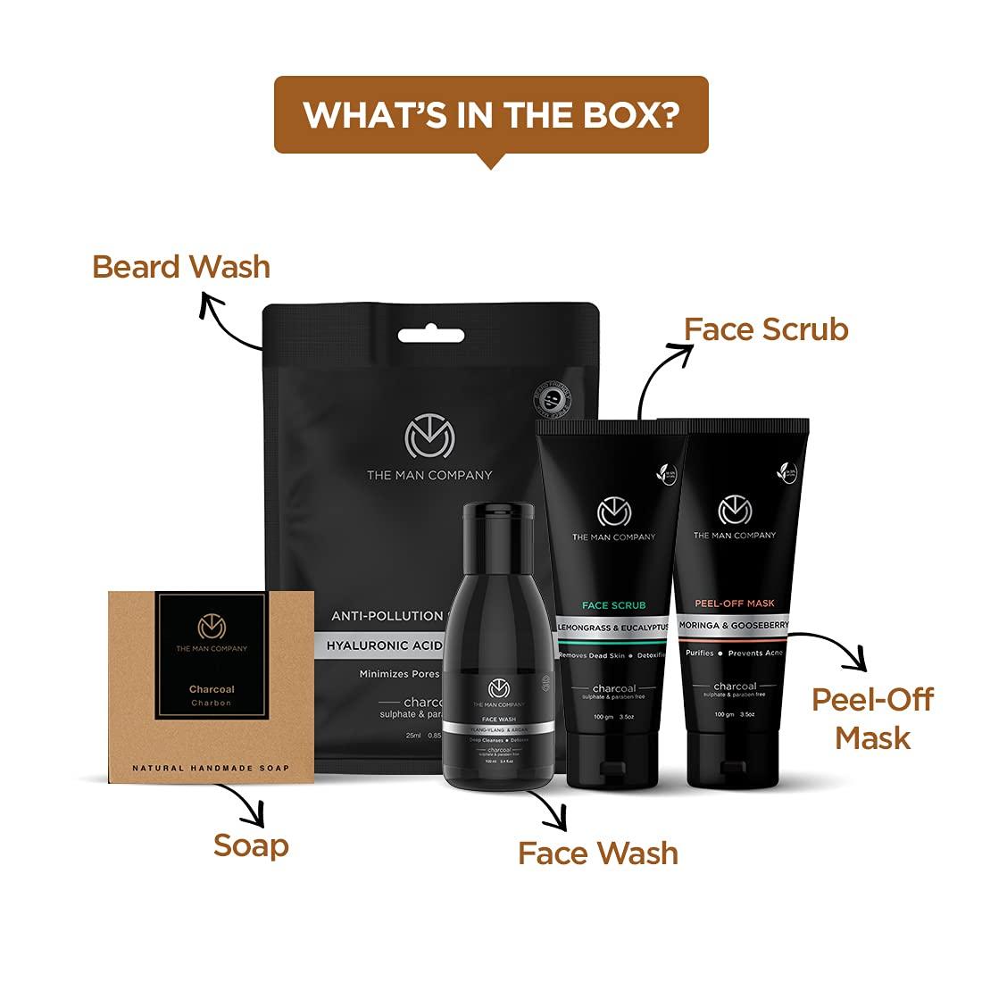 The Man Company The Man Company De Tan Charcoal Facial Kit for Men with Face Wash, Face Scrub, Peel Off Mask, Sheet Mask, Soap for Whitehead & Blackhead Removal, Deep Skin Cleansing & Oil Control | Best Gift Set
