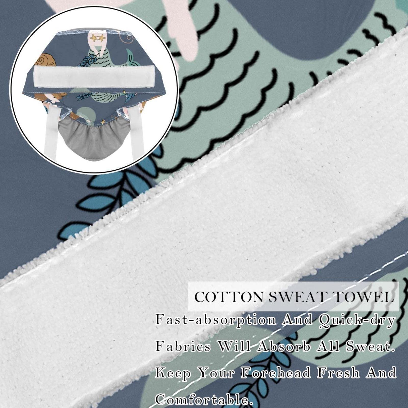 Lyetny Cartoon Sleeping Mermaid with Seashells, Jellyfish, Seaweed, and Sea Horse Scrub Caps Hats Women Bouffant Working Hat Ponytail Holder for Women Long Hair Covers 2PCS