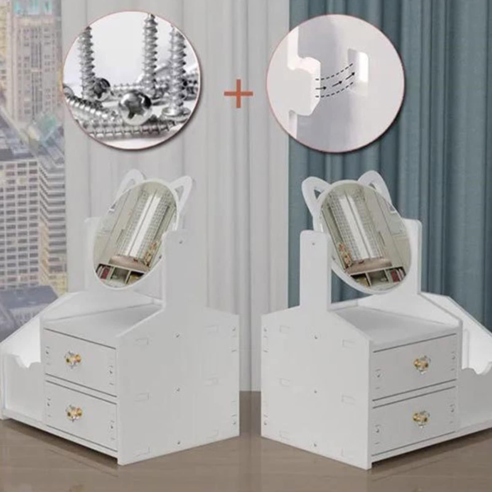 Cyrank Drawer Makeup Organizer for Vanity, Large Capacity Cosmetic Makeup Drawer Organizer White Cosmetic Storage Drawer Desktop Makeup Container with Mirror