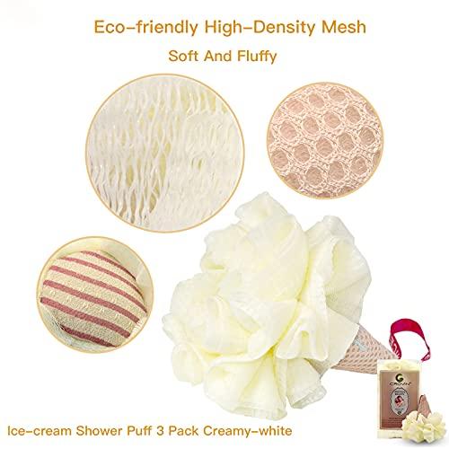 CROVIN CROVIN Ice Cream Bath Sponge Pouf (Set of 3)-Creamy White Soft Mesh Puff Exfoliating Shower Sponge Ball Body Scrubber For Adults, Children