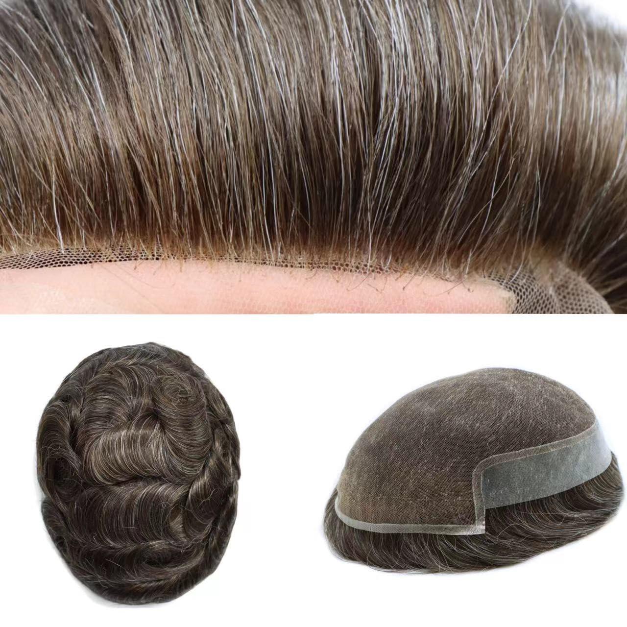PUNRU HAIR PUNRU HAIR Human Hair System For Men Lace Front With Poly Mens Toupee Natural Hairline Mens Hair Replacement System Bleached Knots Hairpiece 8\"X10\" #320 Dark Brown with 20% gray-100% density