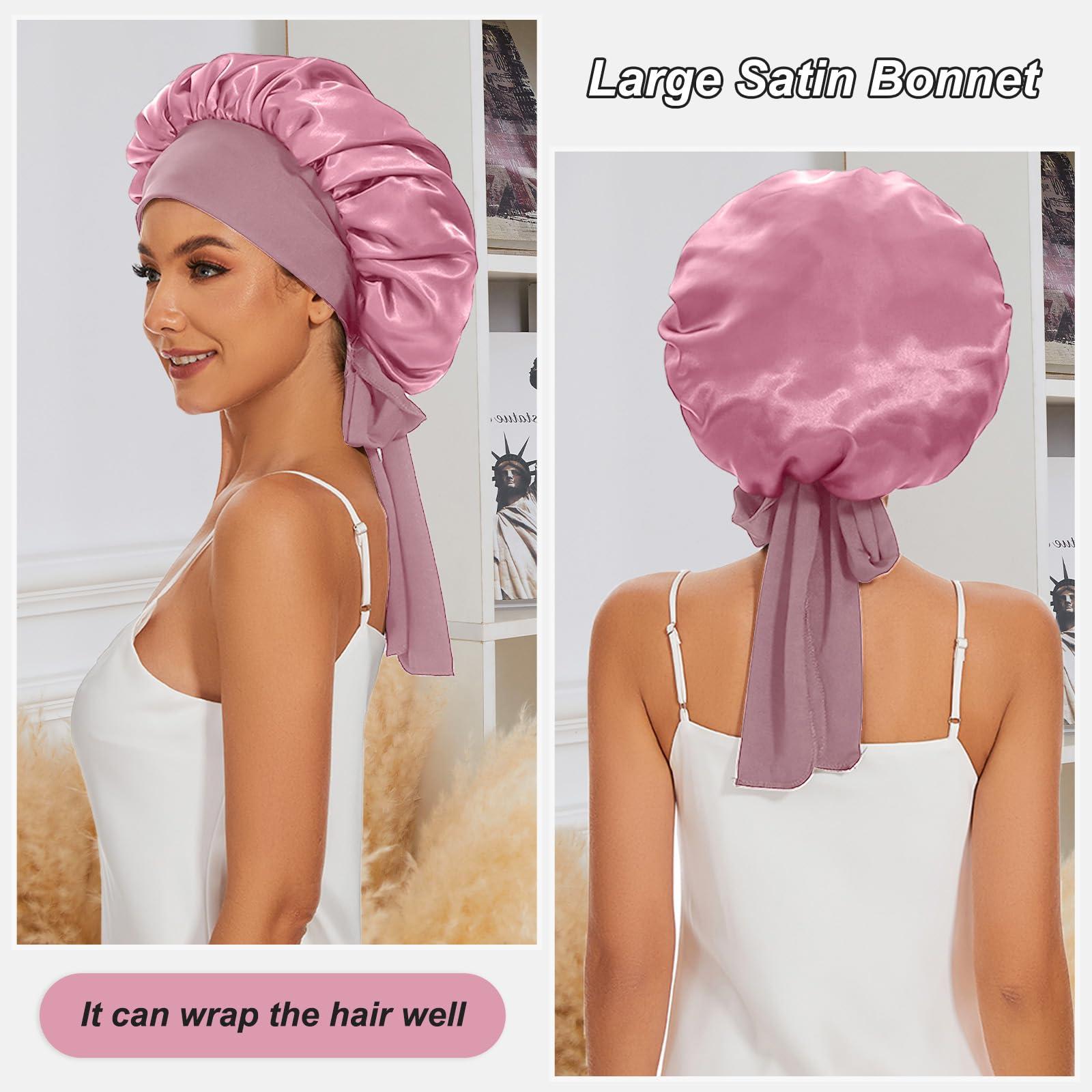 Srevela Satin Silk Bonnet Hair Bonnet for Sleeping Jumbo Sleep Cap, Bonnet for Women Curly Hair, Double Layer Bonnet with Tie Band, Shower Cap