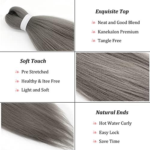 SIXERSI Grey Braiding Hair Pre Stretched Synthetic Hair for Braiding Micro Prestretched Braiding Hair 26 inch 3 Packs Long Itch Free Knotless Yaki Crochet Twist Box Braids Weave Braiding Hair Extensions