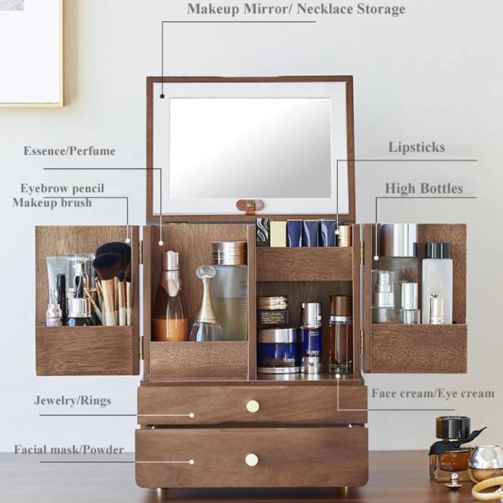 CLoxks makeup organizer Wood Makeup Cosmetic Storage Organizer Box Cabinet with Drawers and Makeup Mirror, Multi-Function Cosmetic Large Capacity Make up Shelf Cosmetics Organizer Box, for Skincare, Lipstick